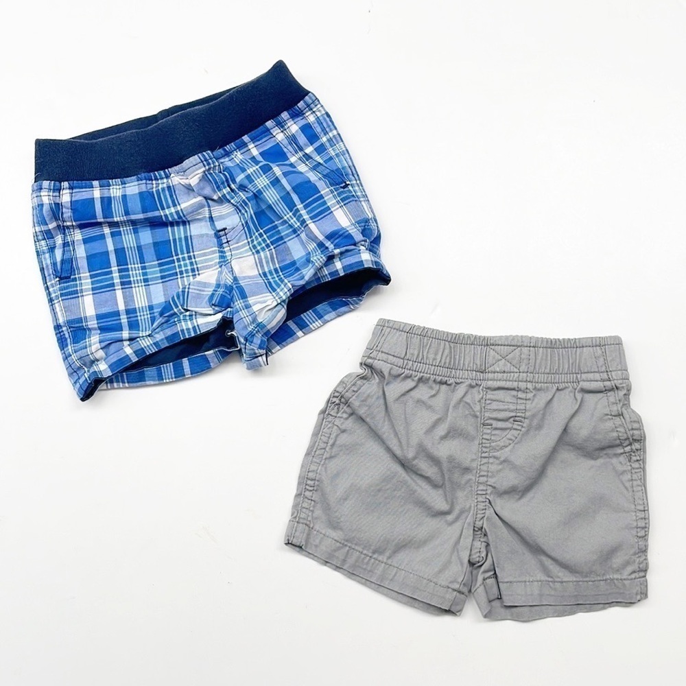 Ralph Lauren blue plaid shorts + Baby B.U.M. gray baby shorts